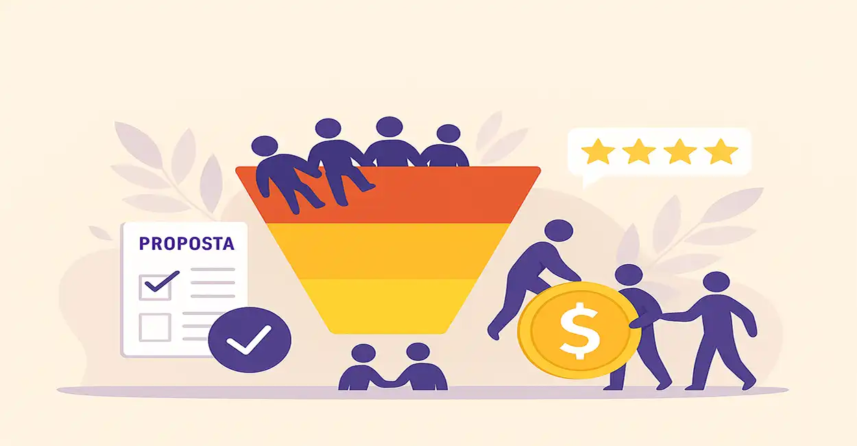 Marketing de fundo de funil - estratégia de conversão de leads em clientes com gráficos e setas mostrando jornada do consumidor